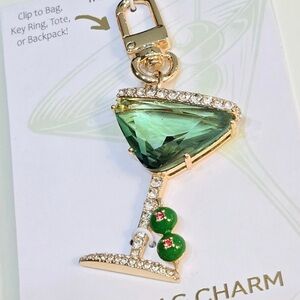 ❤️ Green Crystal Martini Glass Keychain Purse Bag Charm - Gold Tone